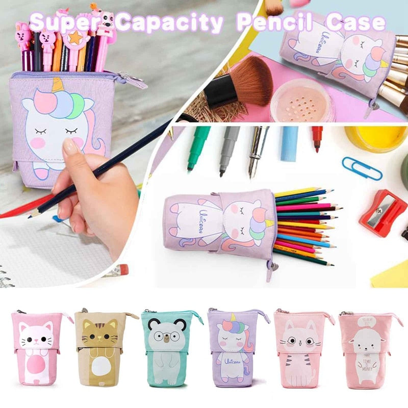 Cute Cat Pattern Retractable Pencil Case School Stationery Bag Kawaii Pen Cases Canvas High Capacity Pen Holder Gifts for Kids