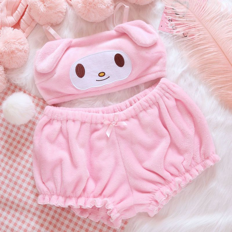 Sanrioed Kawaii Cartoon Autumn and Winter Mymelody Kuromi Cinnamoroll Pajamas Underwear Bra Little Devil Sexy Home Clothes