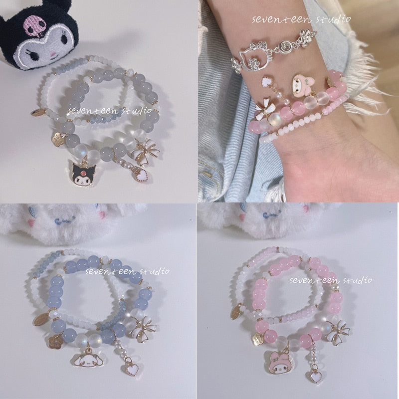 Kawaii Sanrioed Plush Mymelody Cinnamoroll Kuromi Bracelet Cartoon Men and Women Gift Friendship Charms Elastic Rope Jewelry Toy