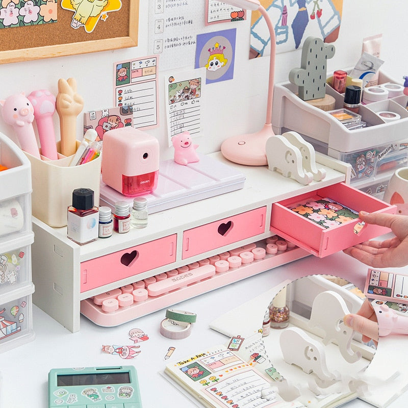 Kawaii Storage Rack Storage Desk Computer Material Stationery Supplies Cute Desktop Monitor Increase Rack Office Accessories