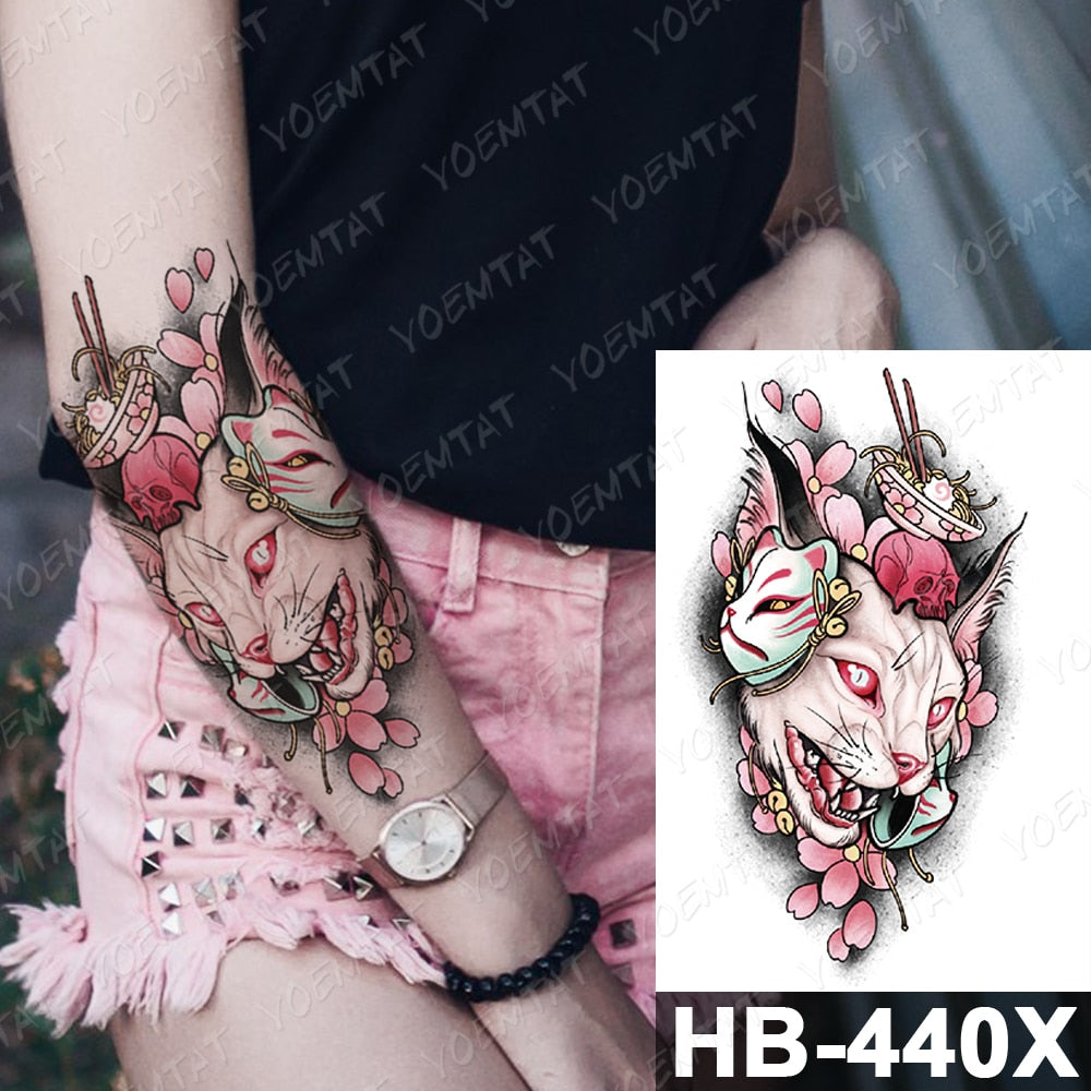 Waterproof Temporary Tattoo Stickers Fox Cat Anime Kawaii Flash Tatoo Women Men Cute Pink Japanese Body Art Fake Sleeve Tattoos