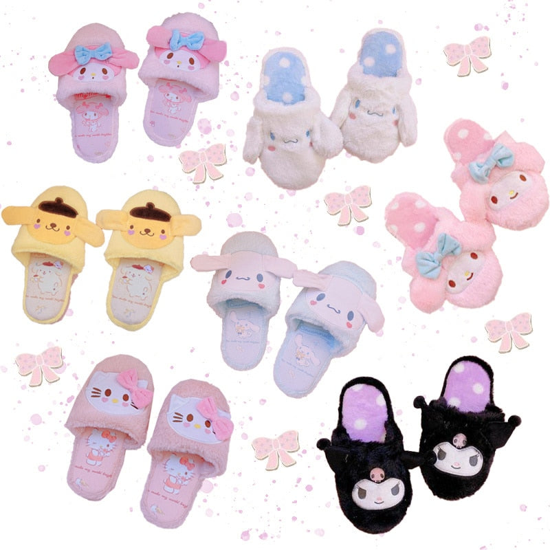 New Winter Kawaii Plush Slippers Cinnamoroll My Melody Kuromi Purin Dog KT Cat Anime Antiskid Warm Lovely Slippers Soft Kid Gift