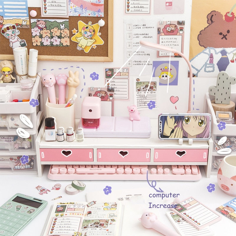 Kawaii Storage Rack Storage Desk Computer Material Stationery Supplies Cute Desktop Monitor Increase Rack Office Accessories