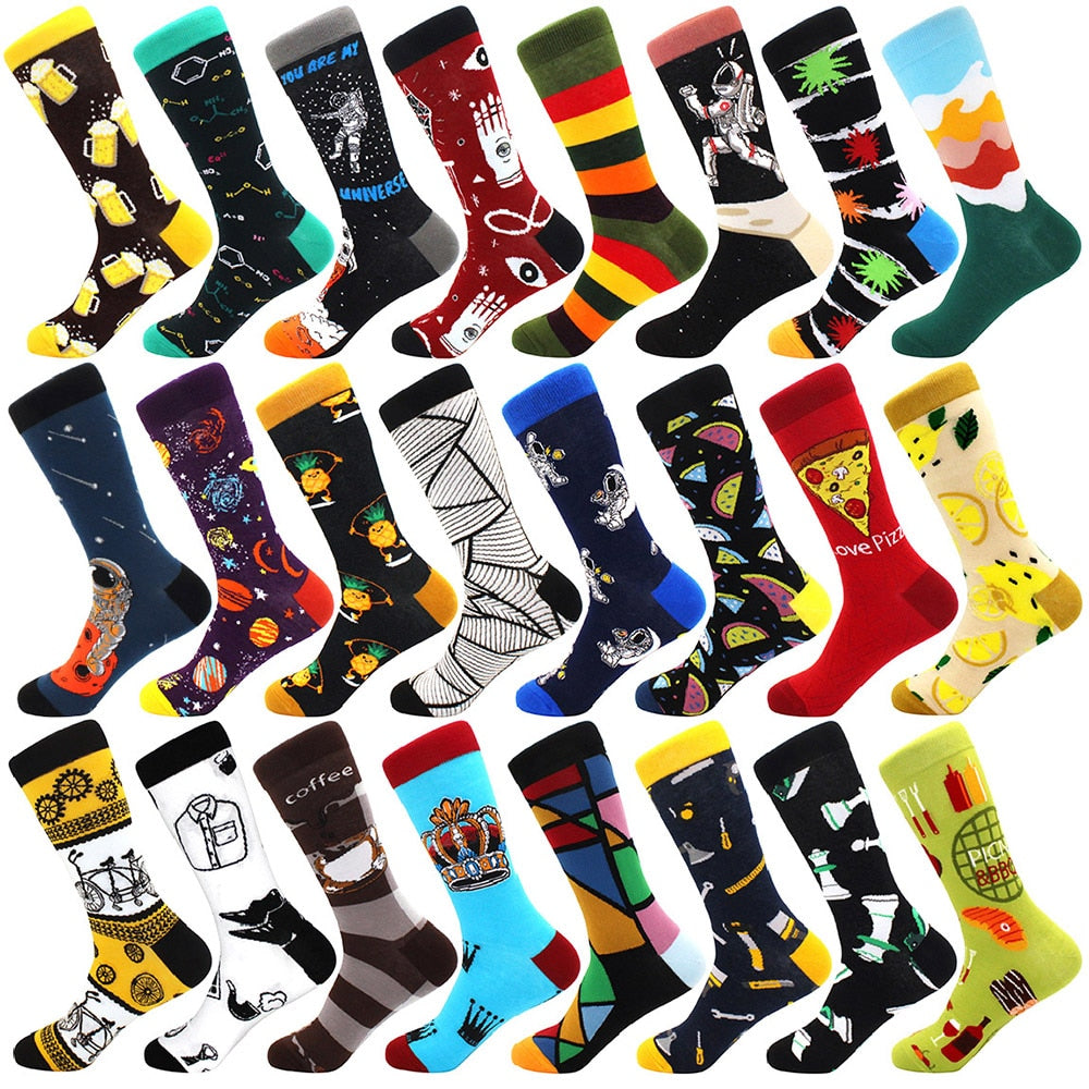 Fashion Funny Mens Socks Hip Hop Harajuku Kawaii Cartoon Cotton Socks Fruit Animal Beer Food Happy Casual Socks Gifts for Men