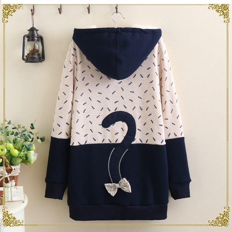 Winter Fleece Kawaii Japanese Pullover Women Cute Sweet Cat Fish Embroidery Mori girls Hoodies Cute Teens Sweatshirts Outwear