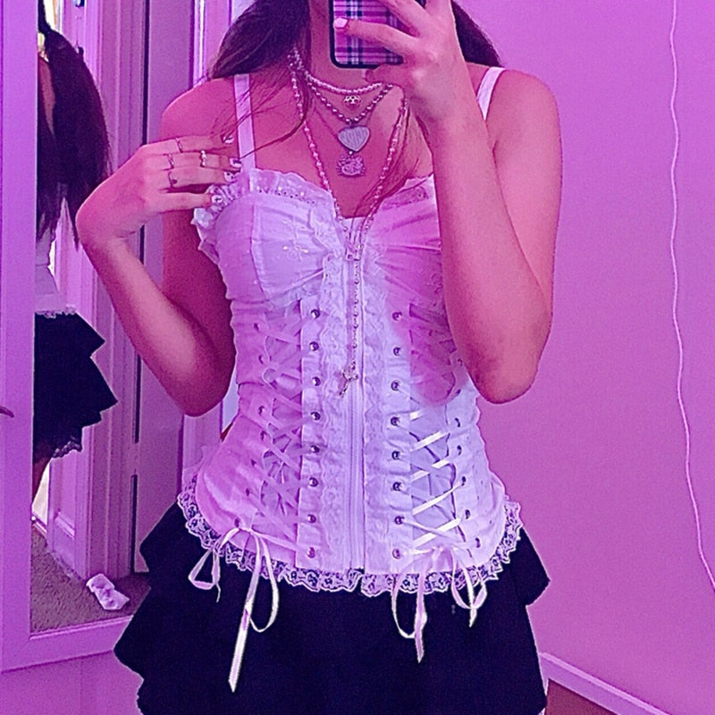E-girl Grunge Kawaii Corset Top Zipper White Lace Trim Bandage Slim Fit Cropped Top Gothic Emo Alt Clothes Women Streetwear