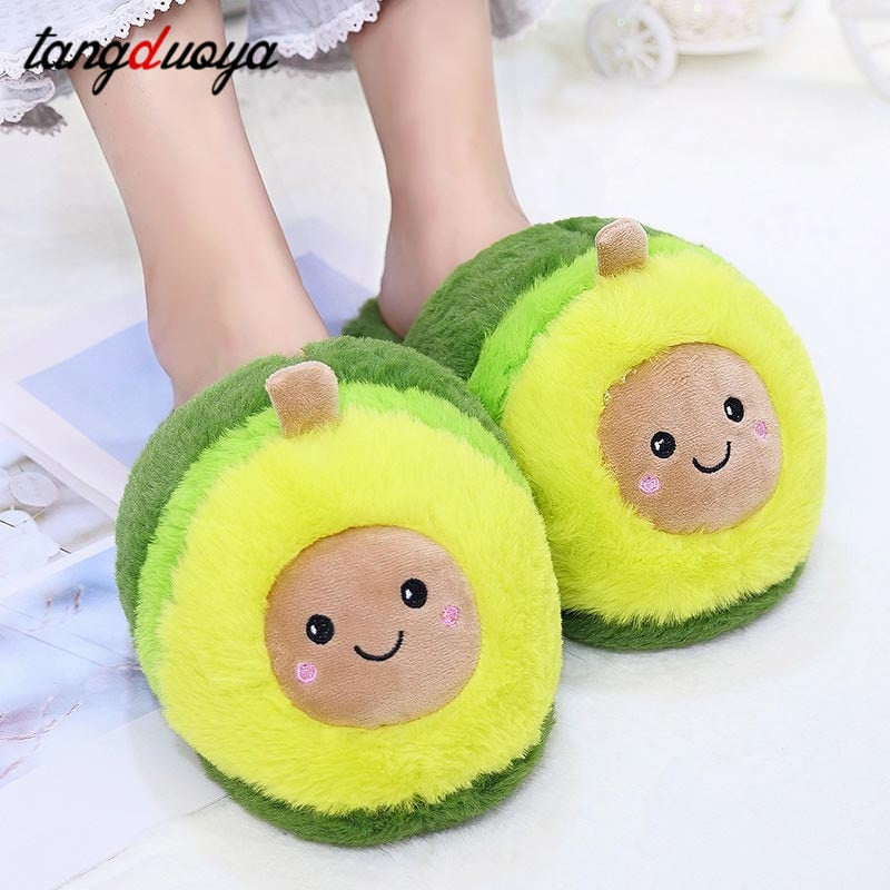 Kawaii Plush Avocado Slippers Fruit Toys Cute Pig Cattle Warm Winter Adult Shoes Doll Women Indoor Household Products size 35-43