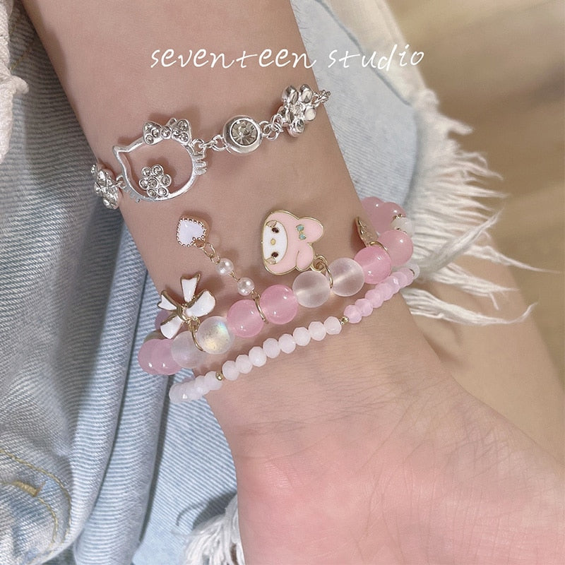 Kawaii Sanrioed Plush Mymelody Cinnamoroll Kuromi Bracelet Cartoon Men and Women Gift Friendship Charms Elastic Rope Jewelry Toy