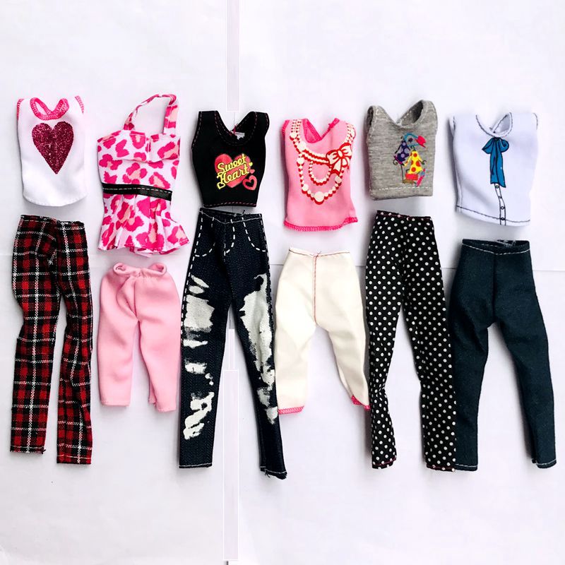 Kawaii Fashion Handmade 12 Items/Lot Doll Accessories Free shipping =6 Tops +6 Pants Clothes For Barbie Game DIY Birthday Gifts