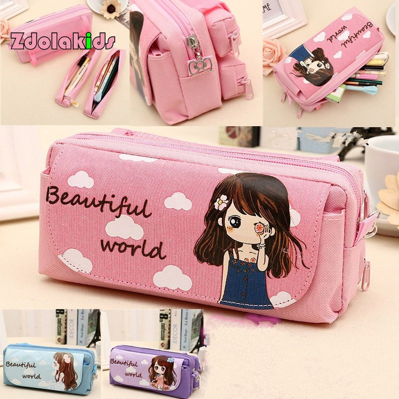 New Cute Beautiful World Canvas Pencil Case Kawaii Girl School Supplies Pencil Bag Pen Bag Pouch Student Stationery