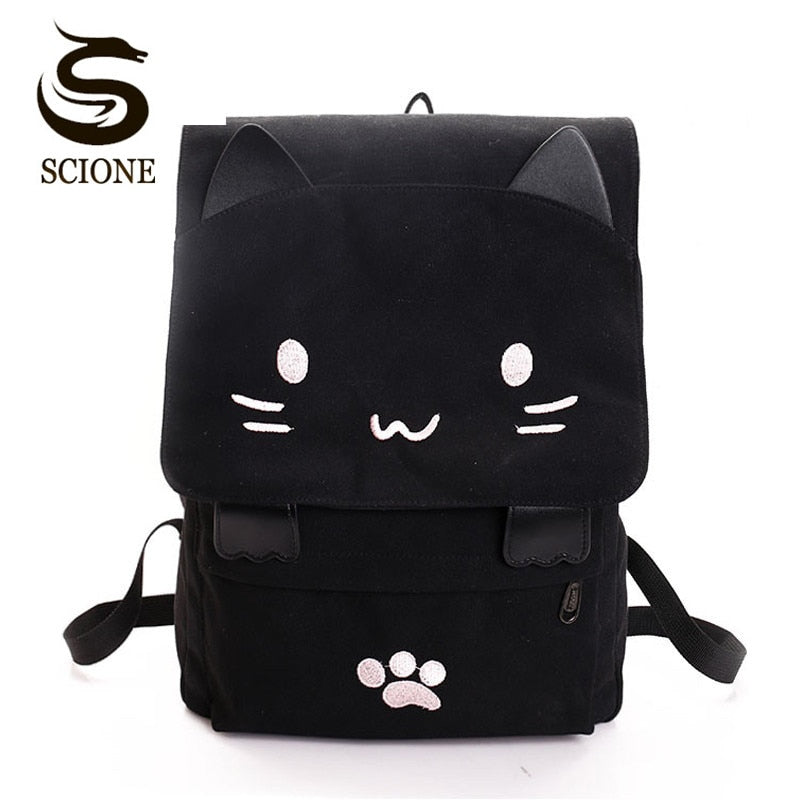 Women Cute Cat Backpack Canvas Kawaii Backpacks School Bag for Student Teenagers Lovely Rucksack Cartoon Bookbags Mochilas