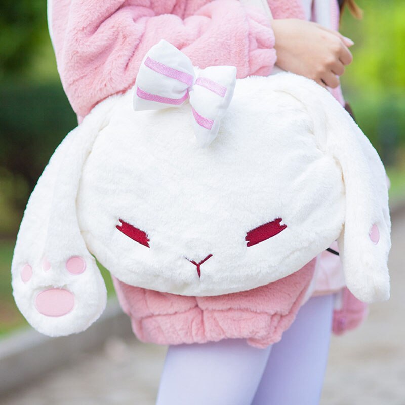 Japanese Rabbit Fluffy Lolita Handbag Luxrury Winter Women Kawaii Shoulder Crossbody Bag Ladies Bowknot Tote Bags with Long Ears