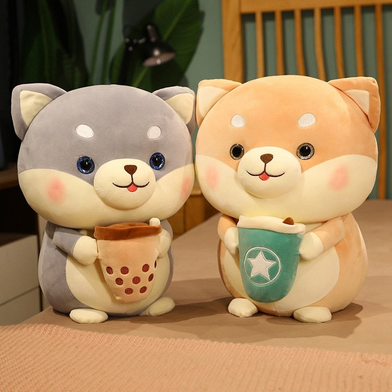 Kawaii Plush Gray/Brown Shiba Inu Holding Milk Tea Toy Soft Stuffed Cartoon Animal Dog Doll Bedroom Decor Girls Valentine's Gift