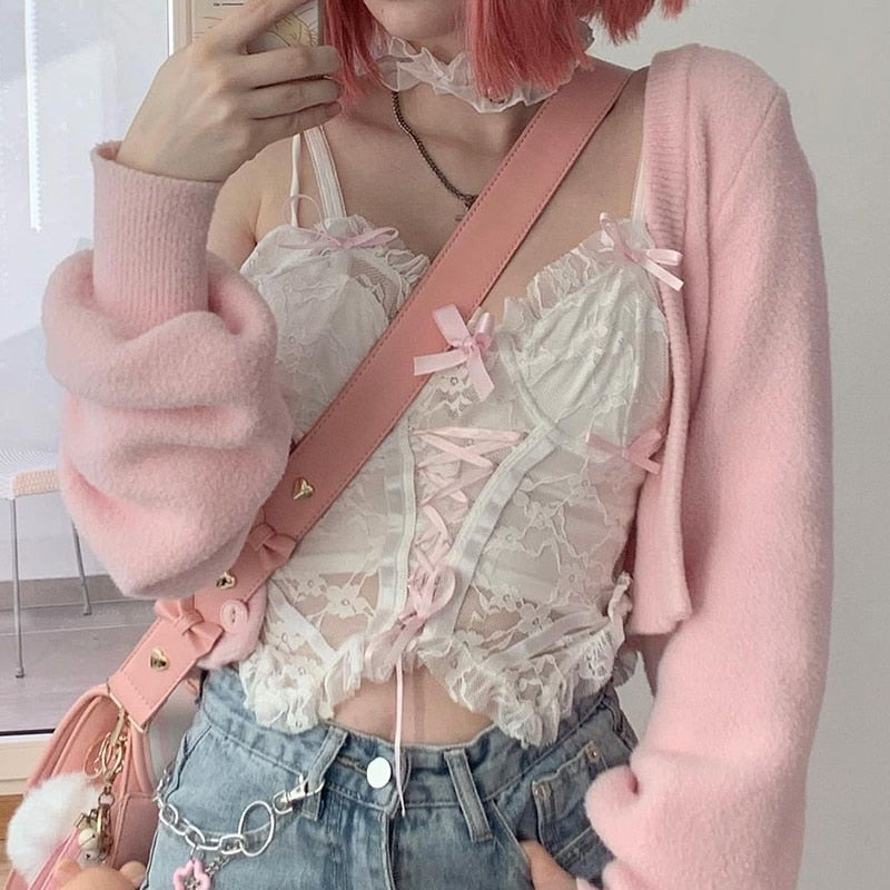 Y2K Sweet Strap White Lace Top Women Camisole Cute Ruffles Patchwork Bow Sexy Crop Tops Transparent Kawaii Short New