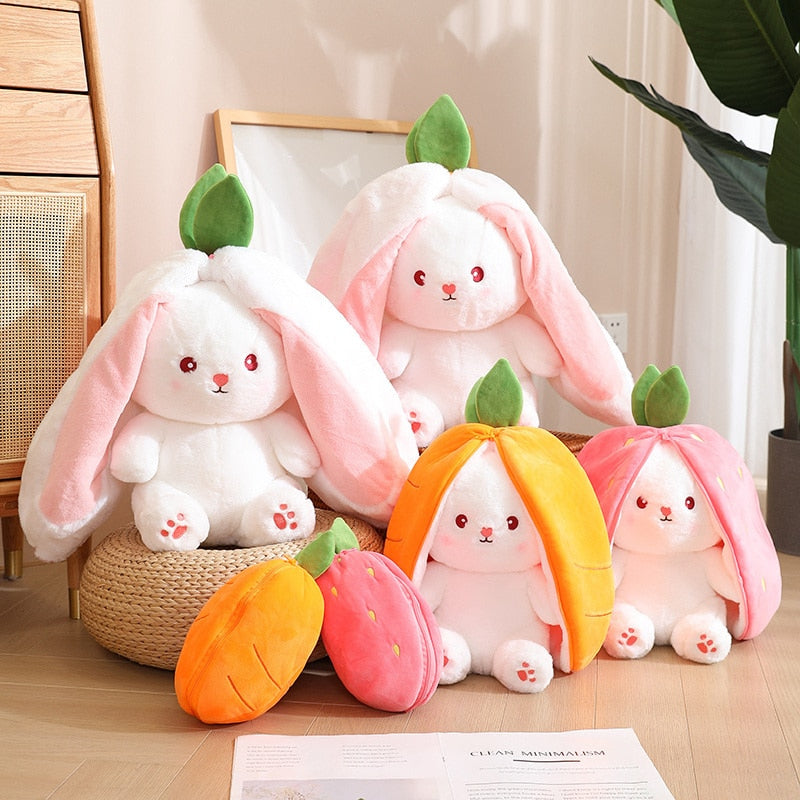 3PCS Kawaii Fruit Transfigured Easter Bunny Plush Toy Cute Carrot Strawberry Bag Turn Into Rabbit Plush Toy Kids Birthday Gift