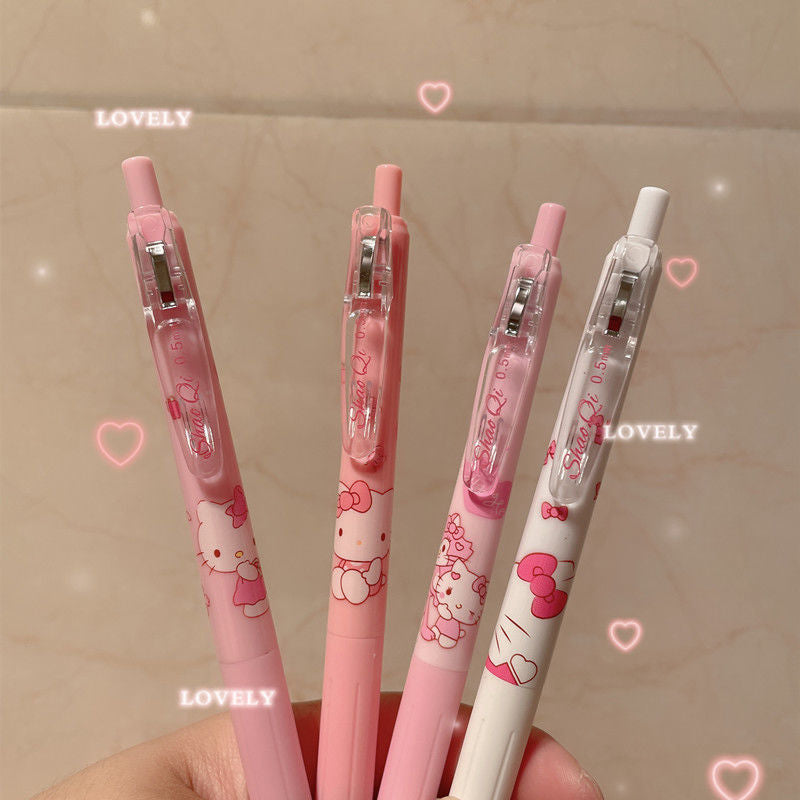 4pcs Hello Kitty Sanrio Anime Press Pen Children Press Stationery Pen Exam Pen Kawaii Pink Girls Special Pen School Supplies