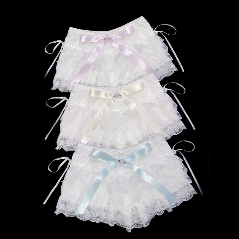 Multilayer Lace Shorts Women Ribbons Flower Ruffles Elastic Waist Cute Cake Shorts Lolita Shorts for Sweet Girls Kawaii Clothes