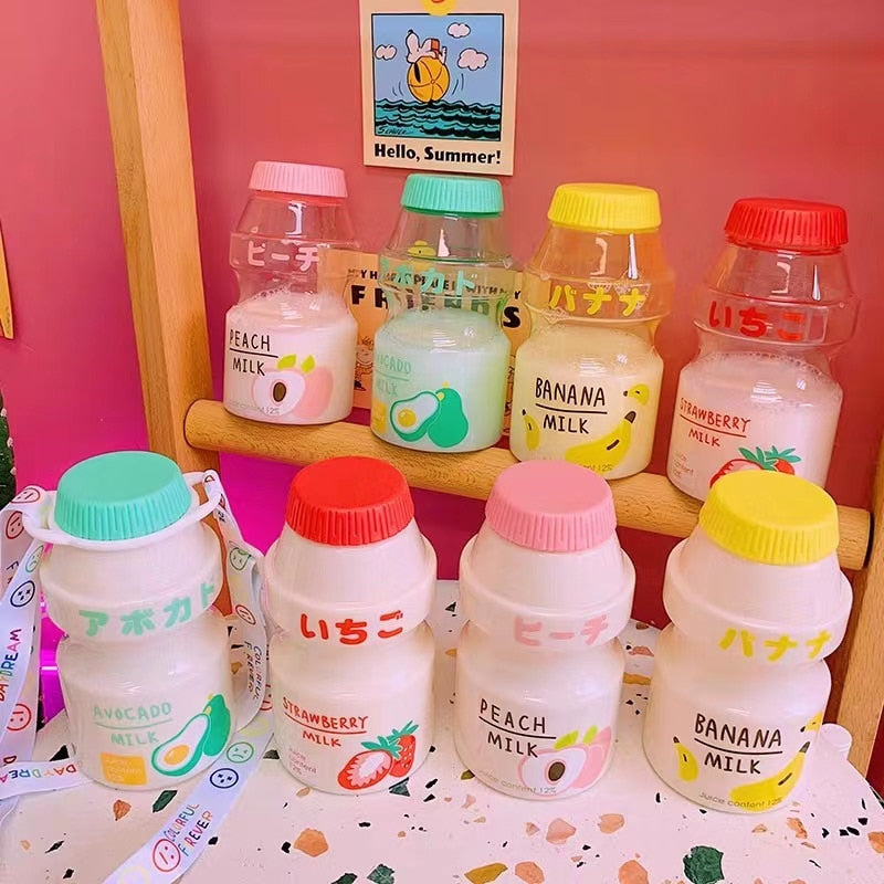 450ml Yogurt Plastic Cute Water Bottle With Straps Carton Kawaii Tour Fruit Drinking Yakult Shape Milk Portable Kids/Girl/Adult