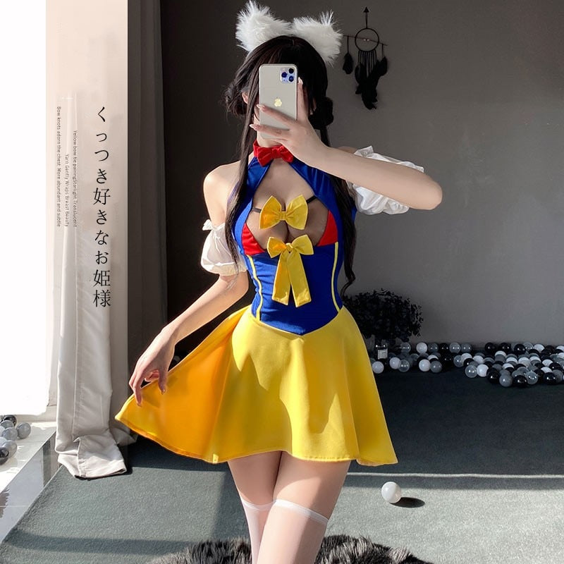 Role Playing Anime Kawaii Lingerie Sexy Backless Princess Dress Maid Uniform Cosplay Bow Dress Costume Women Set