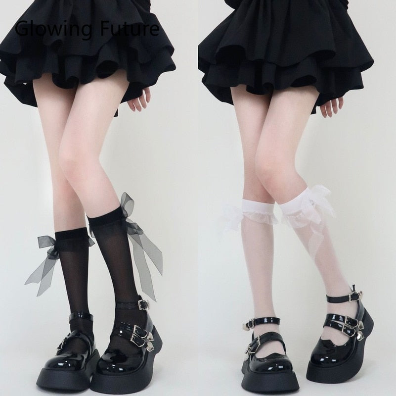 Sexy Thin Sheer Calf Socks Lolita Lace Solid Color Cute Stockings Women Fashion JK Summer Black White Kawaii Calcetas Escolares