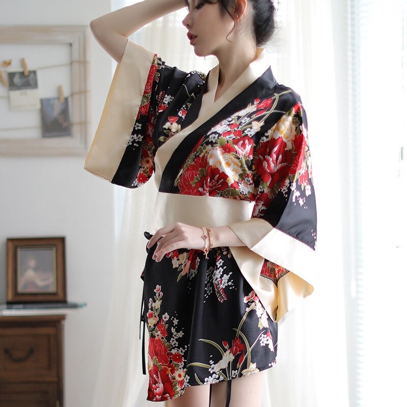 Japanese Sakura Girl Kimono Dress Obi for Women Kawaii Yukata Sexy Long Robe Floral Female Chiffon Japan Style Pajamas Party