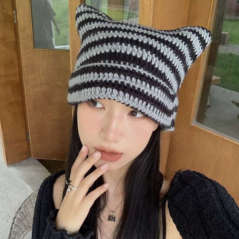 Y2K Harajuku Punk Gothic Knitted Cat Ear Little Devil Hat Millennium Women Kawaii Designer Winter Handmade Beanie Female Caps