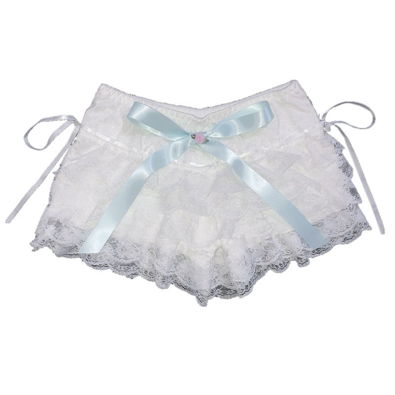 Multilayer Lace Shorts Women Ribbons Flower Ruffles Elastic Waist Cute Cake Shorts Lolita Shorts for Sweet Girls Kawaii Clothes