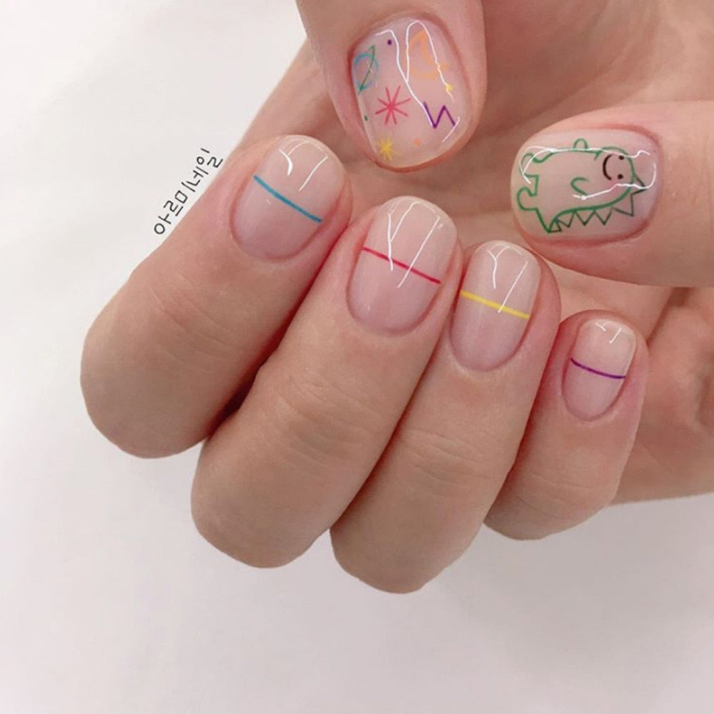 1Pcs Kawaii Dinosaur Nail Art Sticker Korean Self-adhesive Decal Cartoon Simple Strokes Sliders Manicure Decoration Parts GD#023