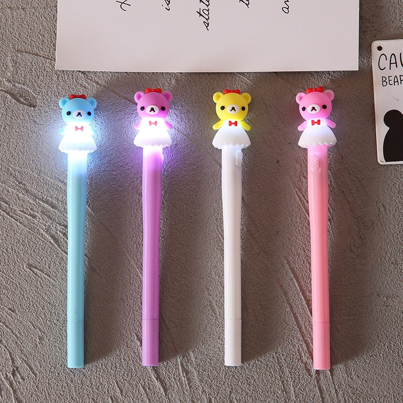 4Pcs/Box Kawaii Bear Pony Unicorn Luminous Pen Stationery Cute Gel Pens School Supplies 0.5mm Gel Ink Black Office Accessories