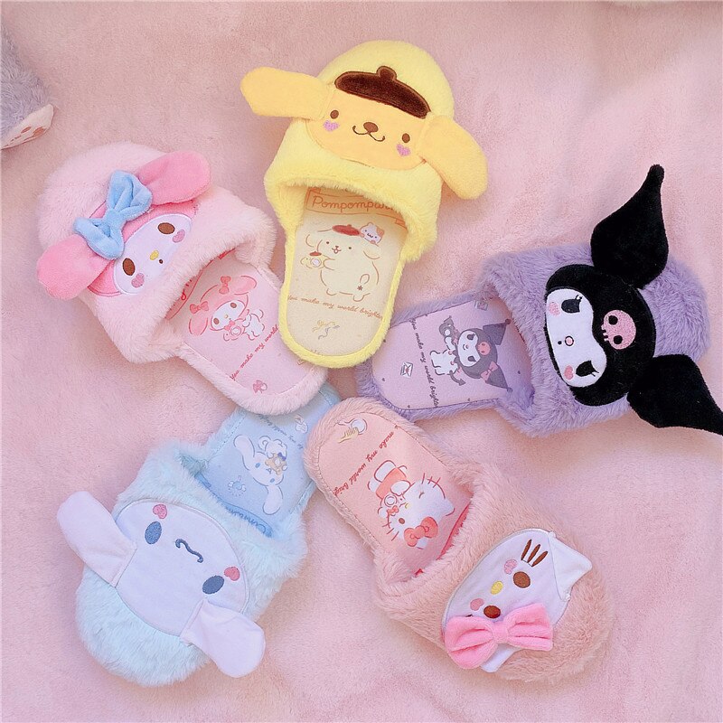 New Winter Kawaii Plush Slippers Cinnamoroll My Melody Kuromi Purin Dog KT Cat Anime Antiskid Warm Lovely Slippers Soft Kid Gift