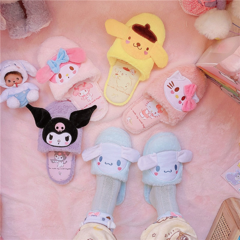New Winter Kawaii Plush Slippers Cinnamoroll My Melody Kuromi Purin Dog KT Cat Anime Antiskid Warm Lovely Slippers Soft Kid Gift