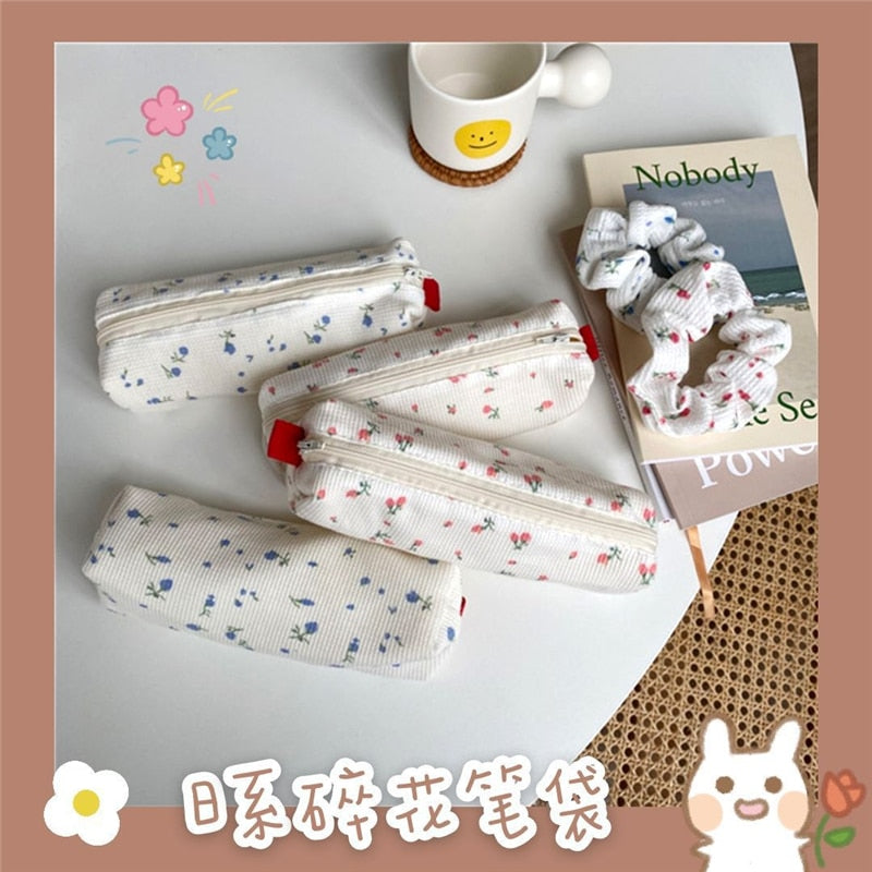 Kawaii Floral Fresh Style Pencil Bag Small Flowers Pencil Cases Cute Simple Pen Bag Storage Bags School Supplies Stationery Gift