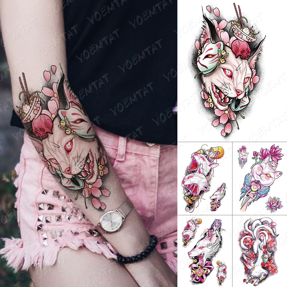 Waterproof Temporary Tattoo Stickers Fox Cat  Anime Kawaii Flash Tatoo Women Men Cute Pink Japanese Body Art Fake Sleeve Tattoos