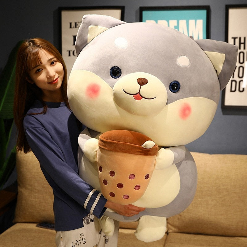Kawaii Plush Gray/Brown Shiba Inu Holding Milk Tea Toy Soft Stuffed Cartoon Animal Dog Doll Bedroom Decor Girls Valentine's Gift