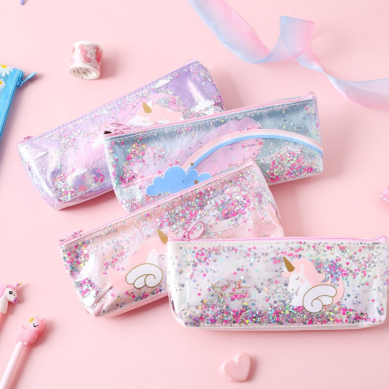 Kawaii Unicorn flower Sequin large Pen Case Creative PVC Pencil box Cute Pencil Bag For Kids Gift School Supplies Pencilpouch