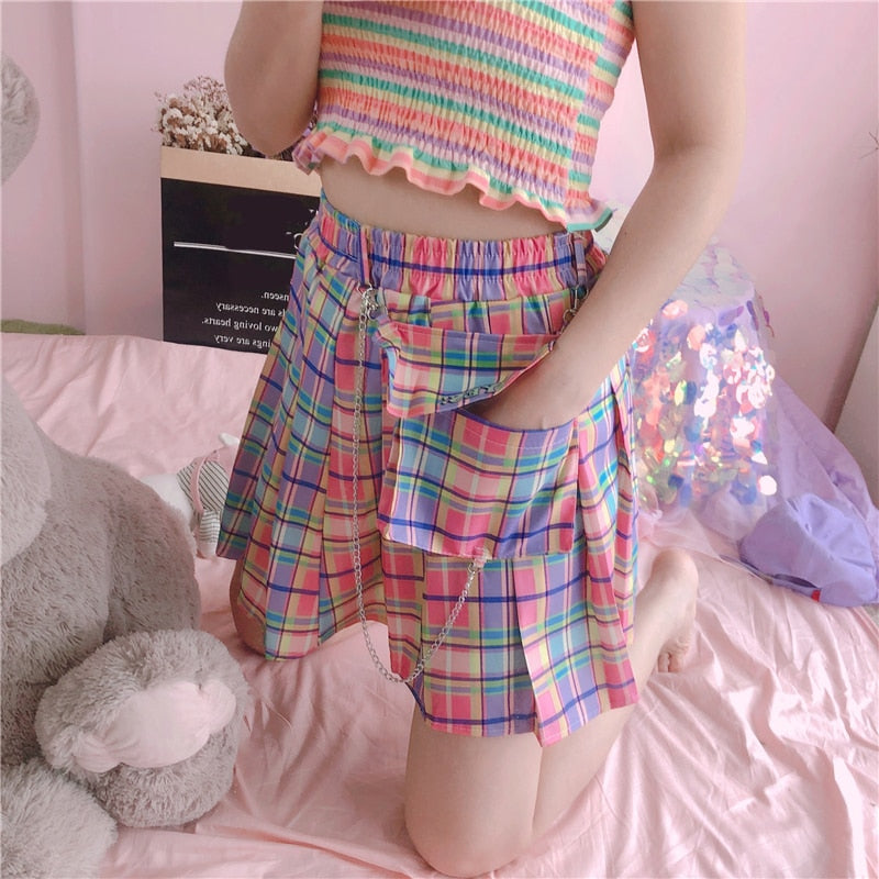 2022 Summer Plaid Y2k Kawaii Pink Woman Mini Skirts Aesthetic A Line Pleated Harajuku Gothic Rainbow Sexy Club Women's Skirts