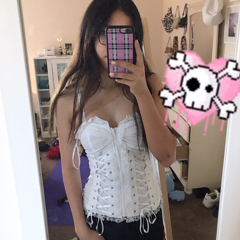 E-girl Grunge Kawaii Corset Top Zipper White Lace Trim Bandage Slim Fit Cropped Top Gothic Emo Alt Clothes Women Streetwear