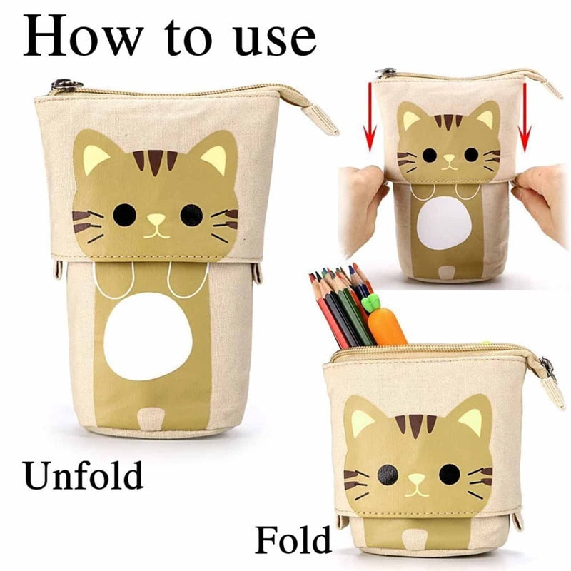 Cute Cat Pattern Retractable Pencil Case School Stationery Bag Kawaii Pen Cases Canvas High Capacity Pen Holder Gifts for Kids