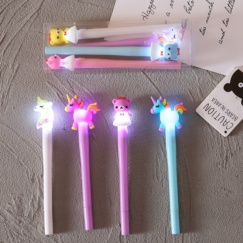 4Pcs/Box Kawaii Bear Pony Unicorn Luminous Pen Stationery Cute Gel Pens School Supplies 0.5mm Gel Ink Black Office Accessories