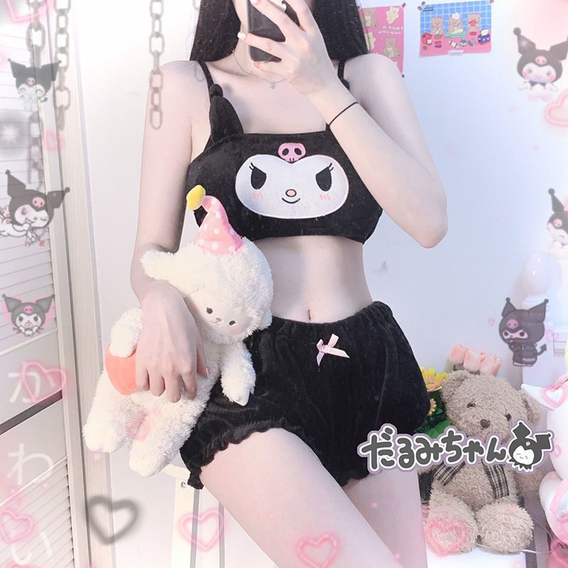 Sanrioed Kawaii Cartoon Autumn and Winter Mymelody Kuromi Cinnamoroll Pajamas Underwear Bra Little Devil Sexy Home Clothes