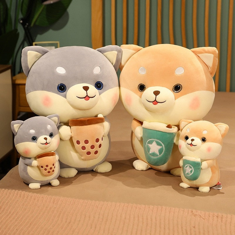 Kawaii Plush Gray/Brown Shiba Inu Holding Milk Tea Toy Soft Stuffed Cartoon Animal Dog Doll Bedroom Decor Girls Valentine's Gift