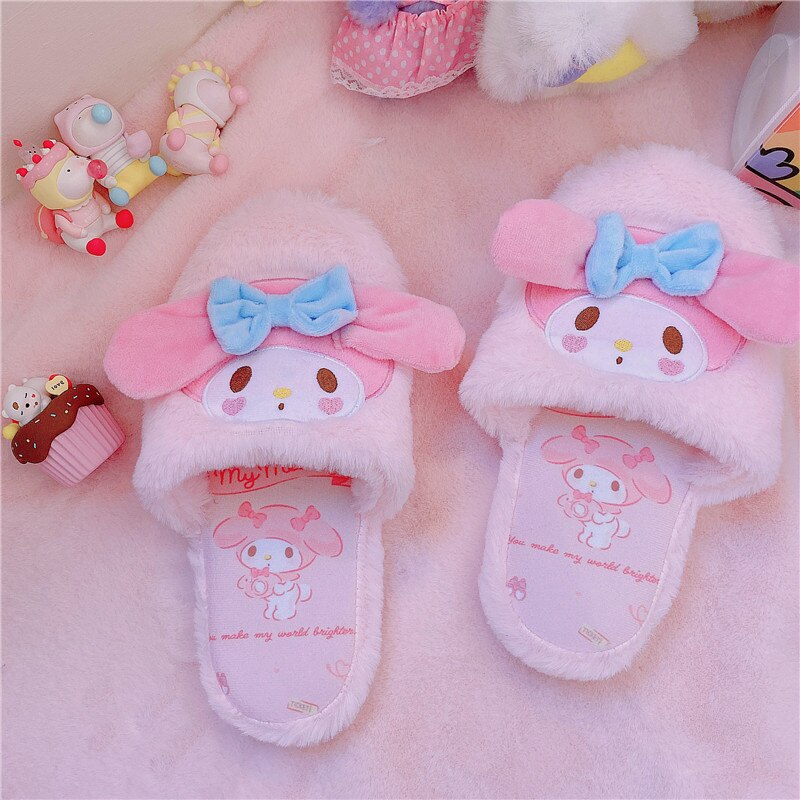New Winter Kawaii Plush Slippers Cinnamoroll My Melody Kuromi Purin Dog KT Cat Anime Antiskid Warm Lovely Slippers Soft Kid Gift