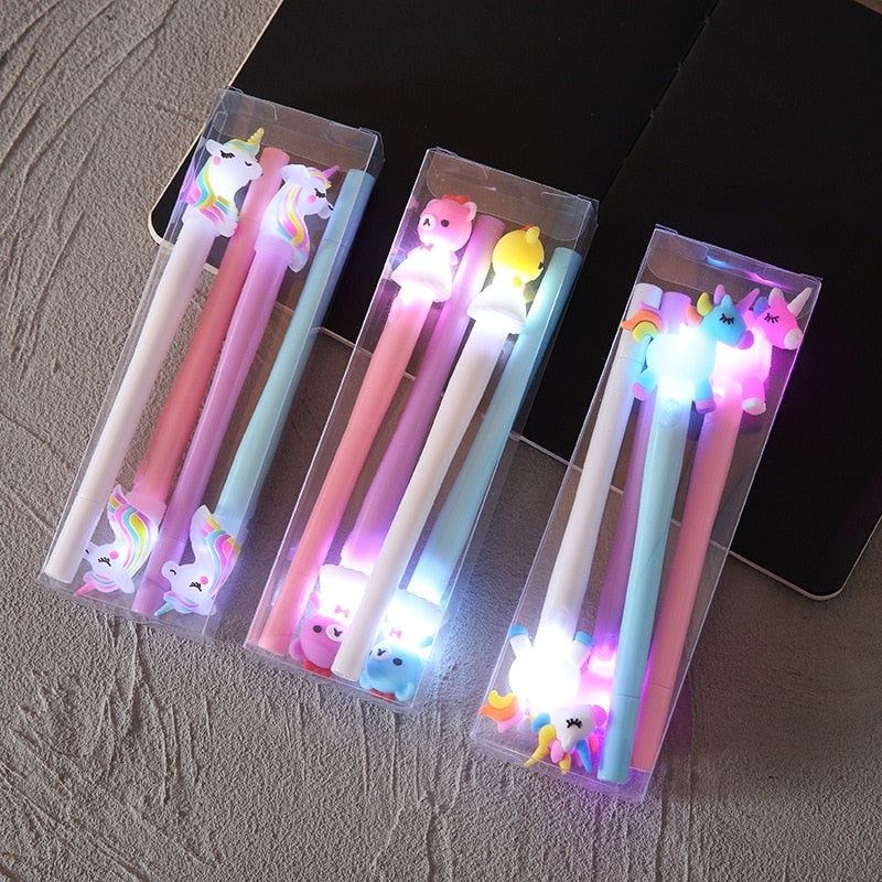 4Pcs/Box Kawaii Bear Pony Unicorn Luminous Pen Stationery Cute Gel Pens School Supplies 0.5mm Gel Ink Black Office Accessories