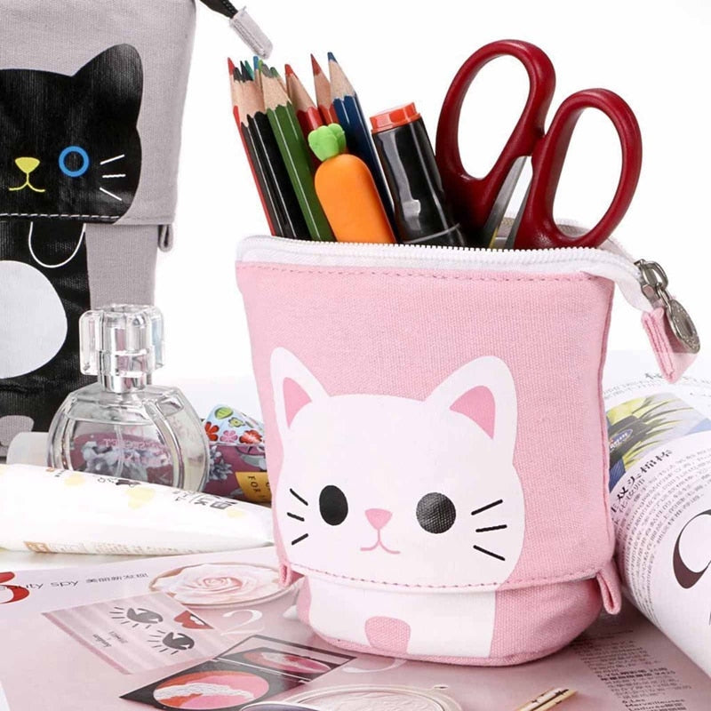 Cute Cat Pattern Retractable Pencil Case School Stationery Bag Kawaii Pen Cases Canvas High Capacity Pen Holder Gifts for Kids