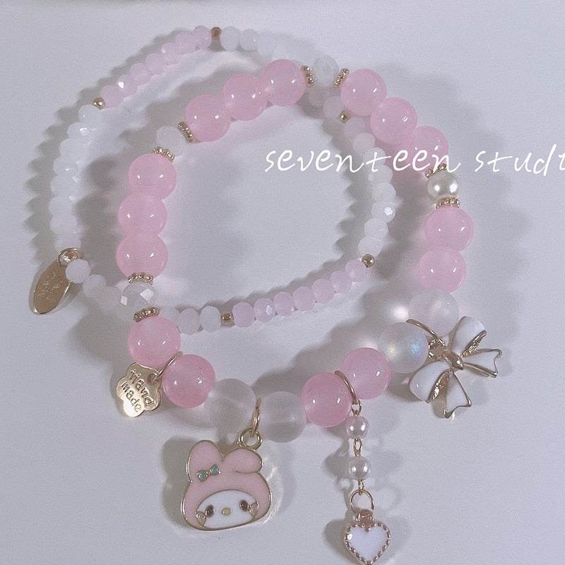 Kawaii Sanrioed Plush Mymelody Cinnamoroll Kuromi Bracelet Cartoon Men and Women Gift Friendship Charms Elastic Rope Jewelry Toy