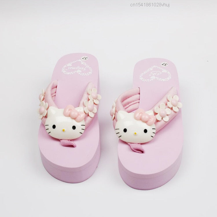 Sanrio Hello Kitty Slippers Y2k Kawaii Cartoon Sandals Fashion Platform Shoes Women Wedge Flip Flop High Heels Slippers Ladies