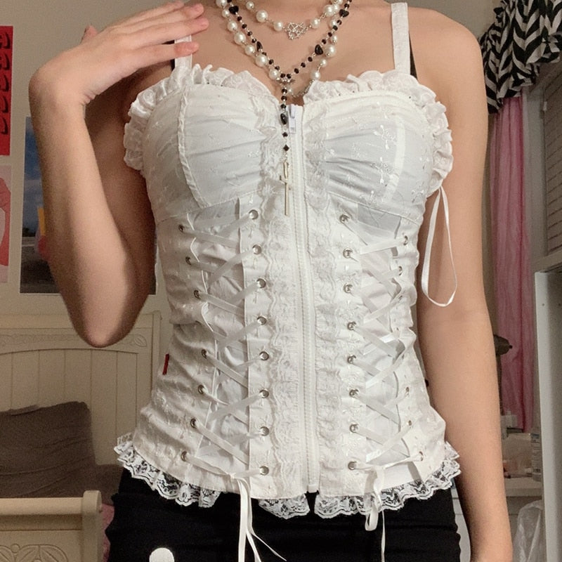 E-girl Grunge Kawaii Corset Top Zipper White Lace Trim Bandage Slim Fit Cropped Top Gothic Emo Alt Clothes Women Streetwear