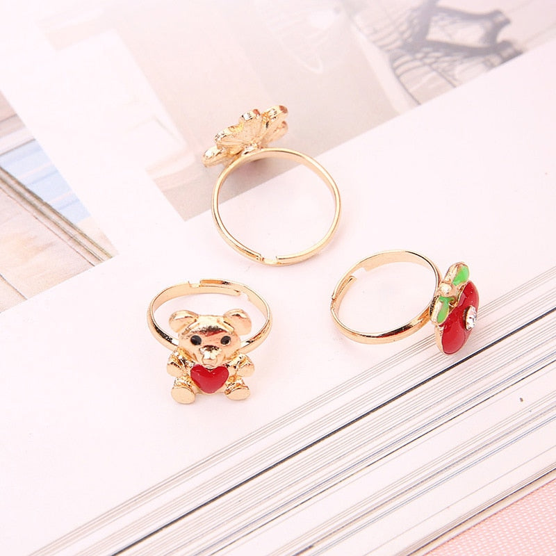 10pcs Cute Cartoon Kids Rings Kawaii Korean Children Girls Flower Alloy Finger Ring Child Jewelry Gift Adjustable Rings