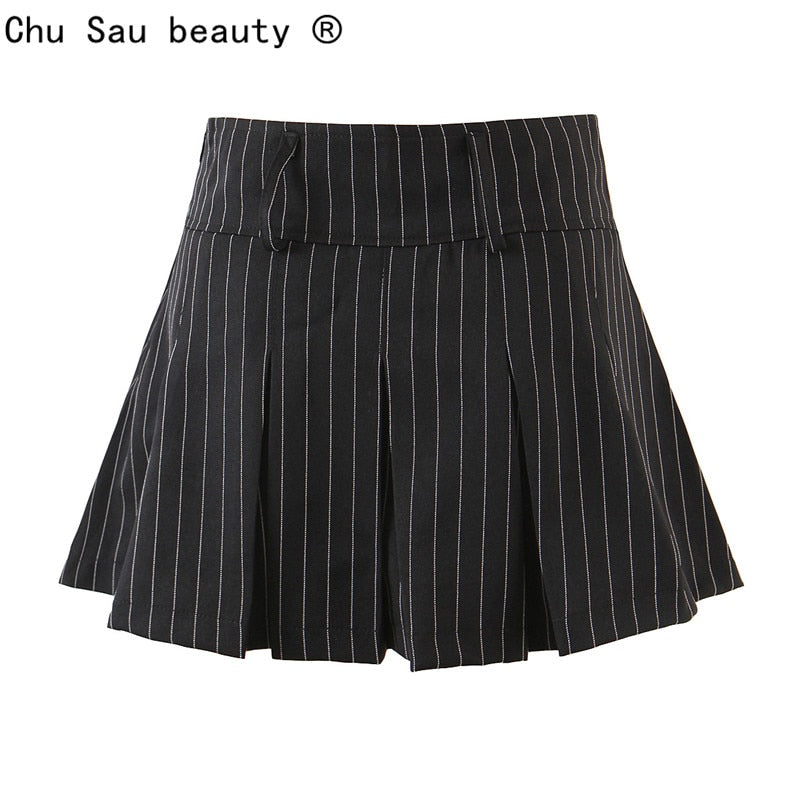 Vintage college style sexy high waist striped pleated skirt woman slim fit kawaii short mini skirt for girl spring Autumn