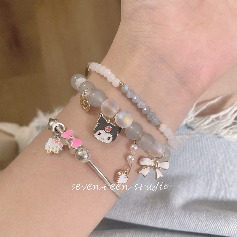 Kawaii Sanrioed Plush Mymelody Cinnamoroll Kuromi Bracelet Cartoon Men and Women Gift Friendship Charms Elastic Rope Jewelry Toy